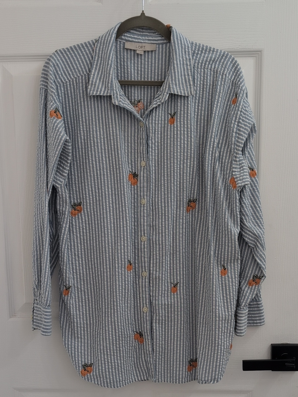 LOFT oversized embroidered orange button down seersucker top blouse L